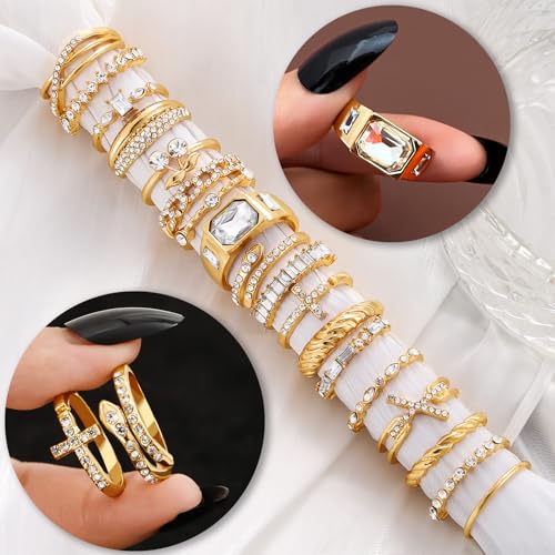 17IF 18 PCS Dainty 14K Gold Ring Set for Women Sparkle Chunky Quartet Diamoned Clean Aesthetic Cross Snake Cherry Classy Designs Plus Size for Stacking on Thumb Knuckle