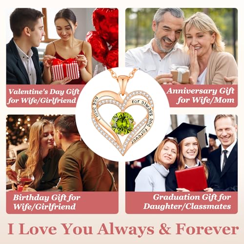 CDE Engraved Forever Love Heart Birthstone Necklace Jewelry Gifts for Women | Hypoallergenic,Nickel-Free & Lead-Free,3 x 3 mm 5A CZ Heart Pendant,Anniversary Christmas Birthday Gift for Girlfriend Wife - color: Birthstone-08-Aug, style: Rose Gold Plated-B