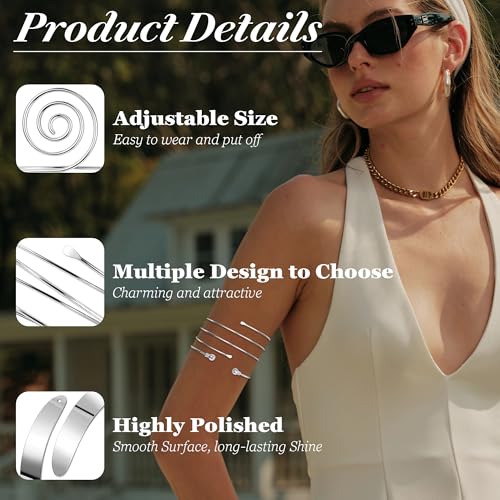 9Pcs Arm Cuff Bracelets Gold Upper Arm Cuff for Women Adjustable Upper Arm Bangle Bracelet Minimalist Irregular Arm Bangle Armband Coil Swirl Armlets Armband Jewelry Set - color: Silver B
