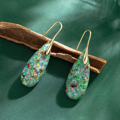 SELOVO Stone Fishhook Dangle Drop Earrings Statement Earrings for Women Stone - color: Cyan-Gold Color Hook