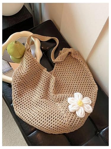 OYOANGLE Women's Floral Applique Crochet Beach Tote Bag Summer Boho Mesh Woven Tote Bag - color: Khaki