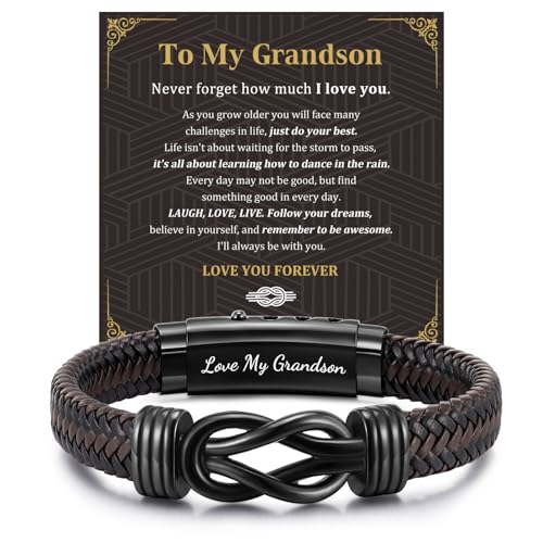 MEALGUET Men's Bracelets Gifts for Men - Brown Braided Leather Infinity Knot Bracelets Engraved Love Massage for Son Man Husband Boyfriend, Mens Bracelet Jewelry Gift for Birthday Valentine's - style: to my Grandson