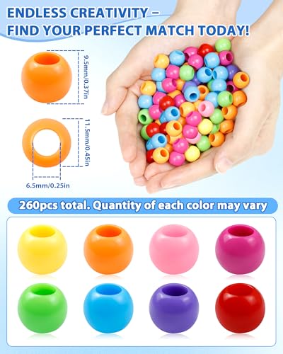 FIVEIZERO 260PCS Large Hole Hair Beads, 10x12mm Acrylic Pony Beads for Hair Braids, Bulk Pack - Mixed Colors for Bracelets & DIY - color: Mixed Color