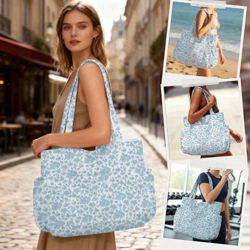 Corduroy Tote Bag for Women,Large Capacity Cute Tote Bags With 6 Pockets,Crossbody Shoulder Handbag for Work Travel Gym - color: Blue Flowers