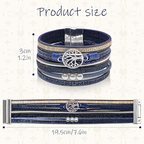 Leather Wrap Bracelet for Women, Boho Cuff Bracelet with Strong Clasp, Multi-Layer Crystal Leather Bracelet for Valentine Mother's Day - color: 02-Tree of Life-Blue