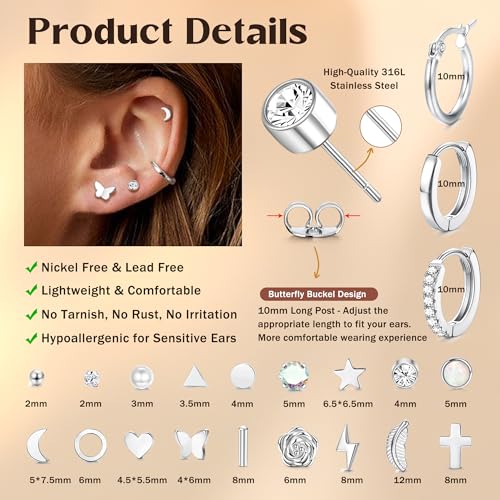 FASACCO Hypoallergenic Stainless Steel Earrings Set for Women Men | 316L Surgical Steel Silver Stud Hoop Earrings Sets for Multiple Piercing Small Cute Star Heart Butterfly Studs Huggies