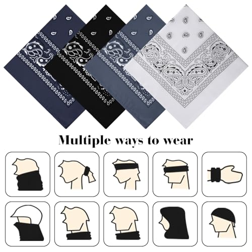 PLULON Bandanas for Men Women 4/12/24/30 Pack, Paisley Pattern Bandana Bulk Headbands Handkerchief Face Mask 100% Polyester - color: Black, Navy Blue, Gray, White