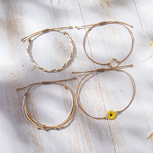 FANCY SHINY Easter Gifts Basket Stuffers Sunflower String Bracelet Boho Braided Rope Wrap Bracelets Cute Summer Beach Surfer Jewelry for Women - color: Sand