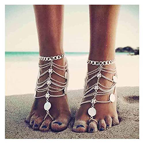 Olbye Silver Barefoot Sandals Foot Chain Jewelry Coin Anklet Bracelet for Women and Girls Beach Wedding Foot Jewelry Pack of 2 - color: Silver