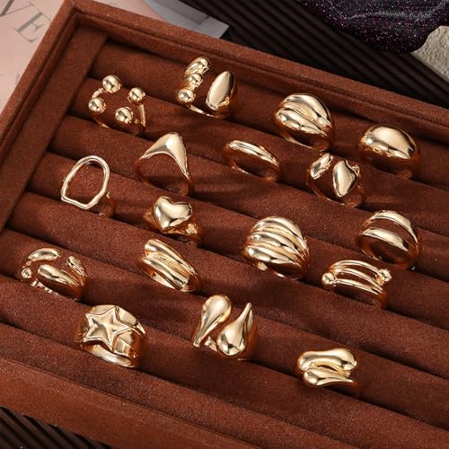 IFKM Gold Chunky Rings Set for Women 14k Gold Plated Thick Dome Stackable Open Rings Trendy Dainty Minimalist Jewelry Gifts - color: Gold, style: 17pcs Fashion