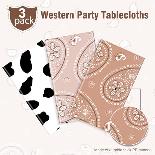 Tatuo Western Party Tablecloth Paisley Table Cover Bandana Plastic Table Cloth Rectangle Floral Tablecloth for Western Cowboy Themed Party 108 X 54 Inch(Dark Brown,Light Brown,Cow Pattern,3 Pack) - color: Dark Brown,light Brown,cow Pattern