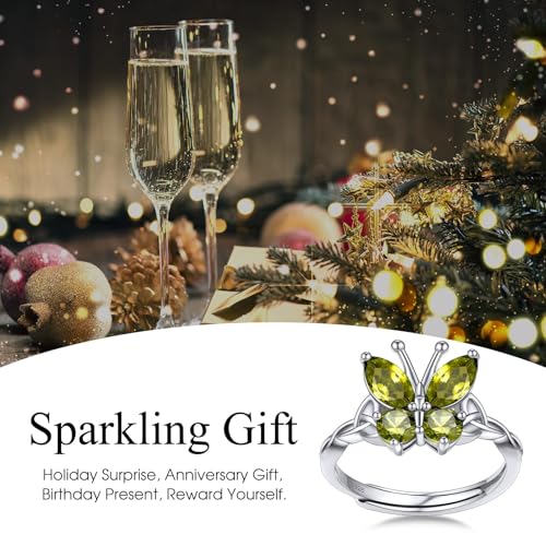 Bestyle 925 Sterling Silver Butterfly Ring Hypoallergnic Adjustable Birthstone Rings for Women Butterfly Jewelry Gifts for Anniversary Mothers' Day Birthday - color: 08.August (Peridot)-Ring