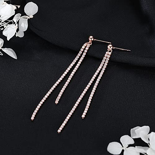 SLUYNZ 925 Sterling Silver Simulated Diamond Drop Earrings Linear Dangle Earrings for Women Teens Eelgant Wedding Bridal Prom Earrings Dainty CZ Long Dangling Earrings Tassel 4.5 cm/7.5 cm - color: C-Rose Color-6.3cm