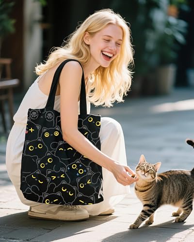 METALPHA Aesthetic Tote Bag for Women Girls - Resuable Double-Sided Printed Canvas Tote Bag with Snap Closure and Pocket - color: Winkingkitty