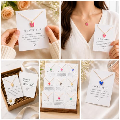 Rrdaily 9 Pcs Dainty Colorful Butterfly Pendant Necklace Set for Women,Bohemian Acrylic Butterfly Chain Necklace Cute Jewelry Gift - style: White card