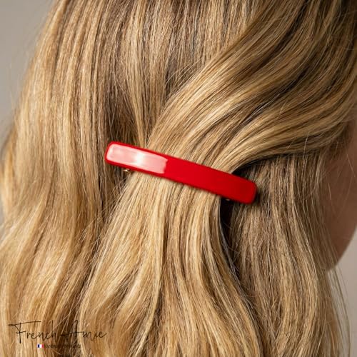 French Amie Rectangular Handmade Small Hair Barrette 2 1/4 Inch with Metal Clasp, Cellulose Acetate Hair Clip Grip for Women & Girls, Strong Hold for Fine Hair, Bangs, and Half-Up Styling (Red) - color: Red