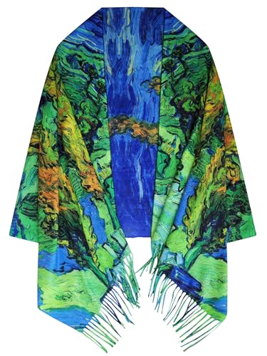 VENVSBEE Reversible Scarf Soft Large Shawl Wrap Blanket Double Sided Art Print Warm Pashmina Stoles Klimt Van Gogh Gifts - color: Art 29