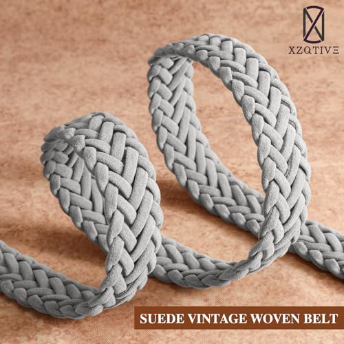 XZQTIVE Women’s Braided Suede Belt – Adjustable Woven Waist Belt with Gold Buckle for Dresses, Jeans & Casual Outfits - color: Grey, size: Medium: fits waist from 33"-37"