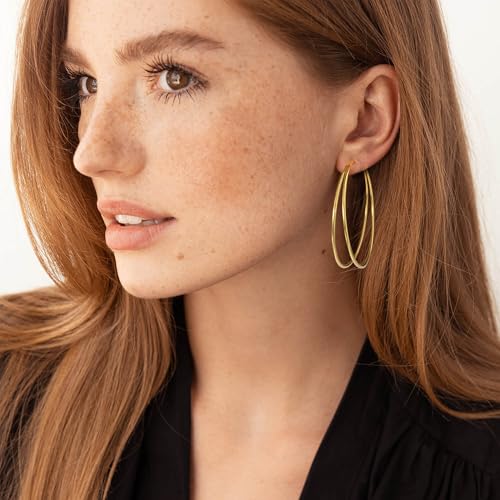 OOOPEL Large Thin Double Hoop Earrings for Women Lightweight Hypoallergenic 925 Sterling Silver Post 14K Gold Hoops Non Tarnish Sturdy Big Thin Double Layered Hoop Earrings 30/40/50/60mm - color: Gold, size: 50mm