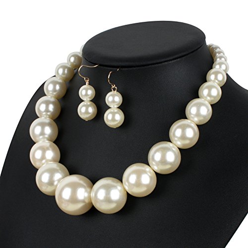 Fuqimanman2020 Chunky Large Simulated Pearl Choker Necklace Drop Dangle Earrings Crystal Bib Big Round Beaded Strand Multicolor Costume Statement Wedding Jewelry Set for Women Brides - color: White