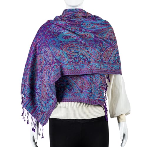 AUSEKALY Pashmina Feel Shawls Wraps for Women Rave Scarf Soft Silky Reversible Men Scarves - color: Purple Orange