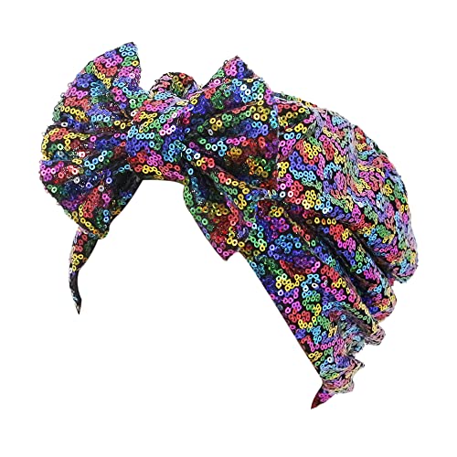 Erinaco Women Sparkle Sequin African Turban Bow Knot Pre-Tied Cap Pleated Ruffle Bonnet Beanie Hat Headwrap Skull Caps - color: Colorful Sequin
