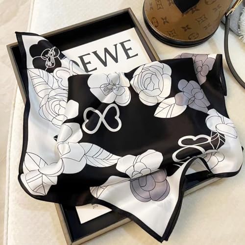 MEISEE 100% Pure Mulberry Silk Scarf 21" Square Scarf Neckerchief Headscarf Breathable Lightweight for Women Gift Packed - color: Black White Flowers