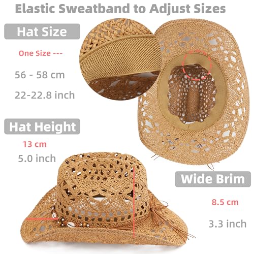 Straw Cowboy Hat, Western Cowgirl Hat, Wide Brim Sun Beach Hat for Men and Women - color: Khaki-m26