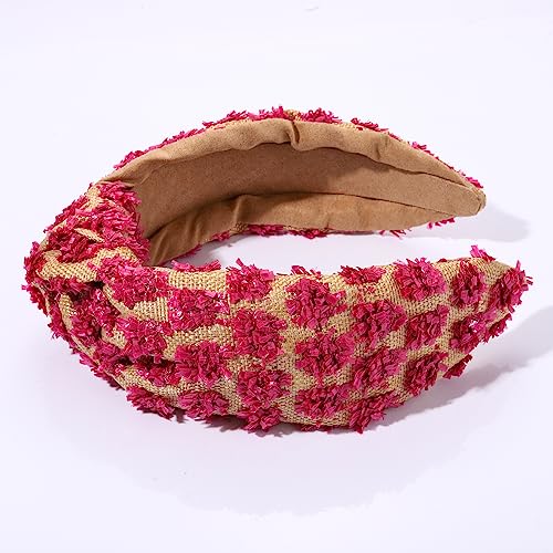 ZITULRY Raffia Knotted Headbands for Women Boho Straw Wide Top Knot Hairband Statement Rattan Woven Pom Pom Hair Hoop Summer Beach Holiday Party Hair Accessories for Girls Ladies Gifts - color: Raffia Hairband Rose Red
