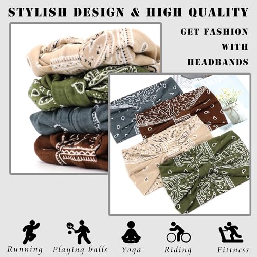 FULZTEY Boho Headbands for Women Vintage Paisley Wide Hairbands Large African Headwrap Elastic Non Slip Workout Sports Head Band Knotted Thick Turban Cotton Bandanas for Hair Accessories 4Pcs - color: Style 118
