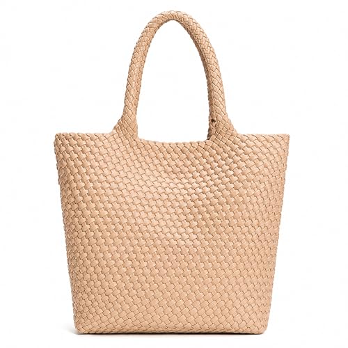 BAGOK Woven Tote Bag for Women, Handwoven Vegan Leather Shoulder Bag with Clutch, Large Tote for Work, Travel & Beach - color: Apricot