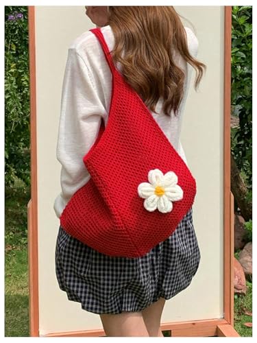 OYOANGLE Women's Floral Applique Crochet Beach Tote Bag Summer Boho Mesh Woven Tote Bag - color: Red