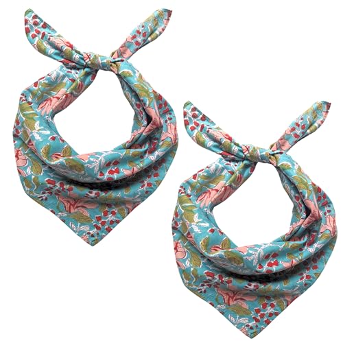 AVKA Studio 100% Cotton Bandanas for Women & Men, 2 Pack 20x20 Inch, 22x22 inch Hand Printed, Lightweight Cotton Handkerchief - color: Blue & Peach, size: 22 x 22 Inches Large