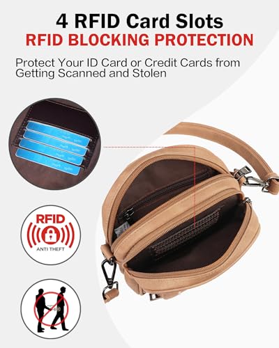 FADEON Small Purses for Women Crossbody Bags, Designer PU Leather Mini Cross Body Purse Travel Shoulder Bag Card Slots - color: Camel Brown Retro Style