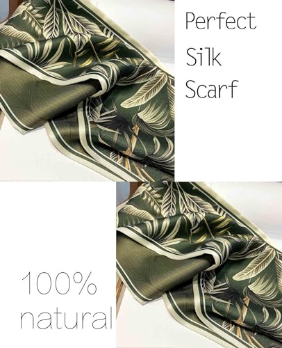 kcctoo 59" Mulberry Silk Like Head Scarf Women's Fashion Square Neck Satin Scarfs for Bag Hair Scarves Gift 59 * 5.9” - color: A011-dark Green Leaves/59"x5.9"