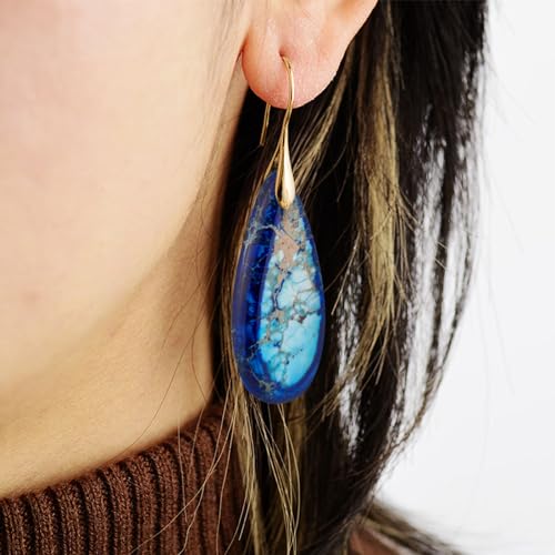 SELOVO Stone Fishhook Dangle Drop Earrings Statement Earrings for Women Stone - color: Dark Blue-Gold Color Hook