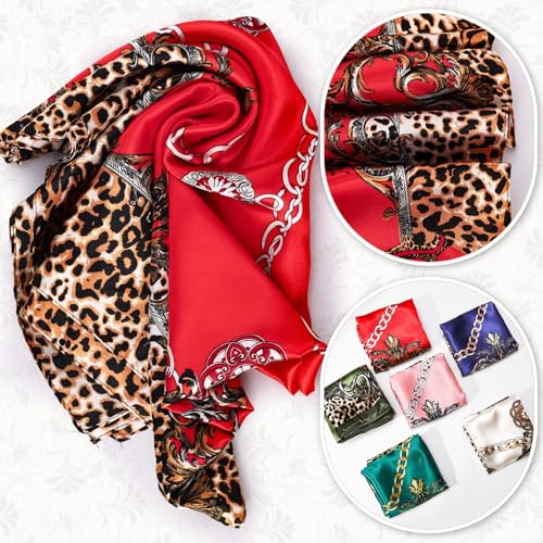 JATEBI 27''/35'' Women Large Satin Scarf Silk Feel Square Wraps Big Hair Bandanas Vintage Print Solid Color Bandana Scarves - color: Beige, Blue, Pink, Red, Green, Military Green Chain Leopard, size: 35'' Large