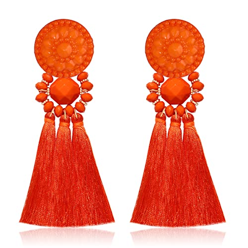 boderier Bohemian Statement Thread Tassel Chandelier Drop Dangle Earrings with Cassandra Button Stud - color: Orange
