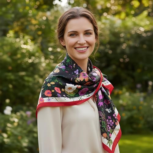 Premium Floral Scarf for Women 35x35 Square Silk Feel-Lightweight Scarves Headscarf Bandanas Wrapping Handbag - color: Botanical Bloom