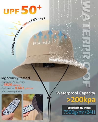 Water-Resistant Bucket Hat for Women Men Rain Hat UPF 50+ Boonie Sun Hat Foldable Summer Floppy Fishing Safari Hats - color: Khaki