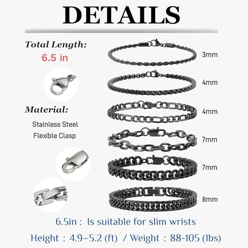 XIANNVXI 6pcs Bracelets for Men Gifts for Him Stainless Steel Bracelet Silver/Gold/Black Cuban Link Rope Paperclip Chain Bracelets Set 6.5/7/7.5/8.3/9 Inches Metal Bracelet Mens Fashion Accessories Jewelry Gifts Set - color: Black, size: 6.5 in-Women X-Sm