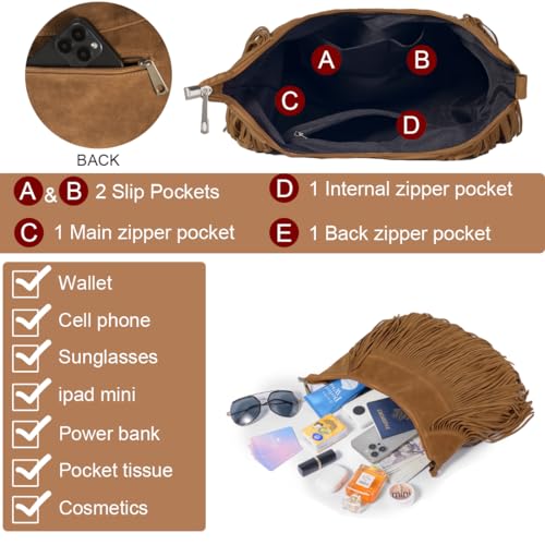 Sunwel Fashion Women Fringe Hobo Bag Western Purse Shoulder Bag Vegan Suede Tassel Hippie Crossbody Bag - color: Brown