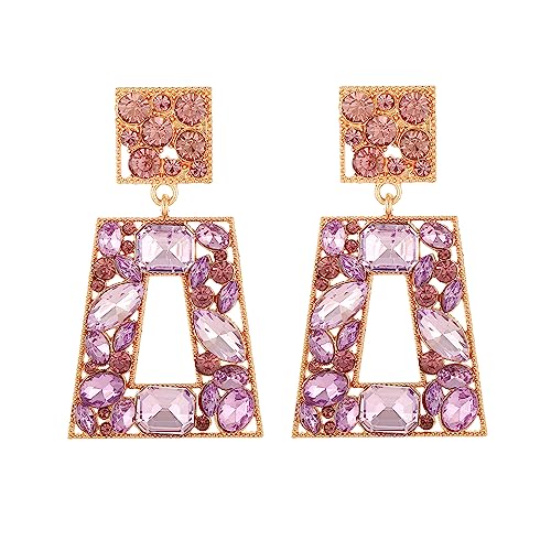 Rhinestone Rectangle Statement Earrings Colorful Crystal Geometric Drop Dangle Earrings for Women Prom Party - color: Purple
