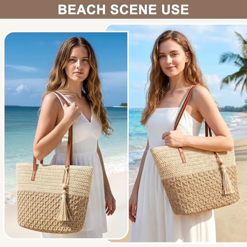 YAMEIZE Straw Woven Beach Shoulder Bags for Women Big Foldable Straw Tote bag Lightweight Raffia Bag with Zipper Summer - color: Multicolor