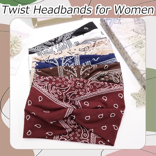 6 Pack Boho Wide Headbands for Women Colorful Paisley Twist Hair Bands Stretchy Cross Head Turban Bandana Non Slip Exercise Hair Wraps Accessories - color: Multicolor-4
