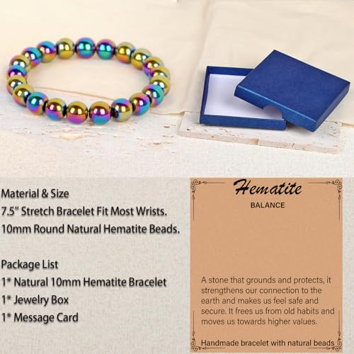 LPBeads Handmade Natural Gemstone Stretch Elastic Bracelet Healing Crystal Round Stone Beads Jewelry Gifts for Women Men - color: Rainbow Coated Hematite, size: 10mm