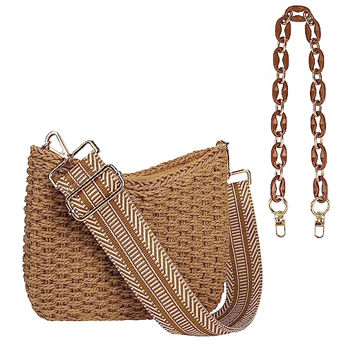 Women Straw Small Crossbody Bag Handmade Woven Shoulder Handbag Summer Beach Purse with Guitar Strap | Straw - color: Brown