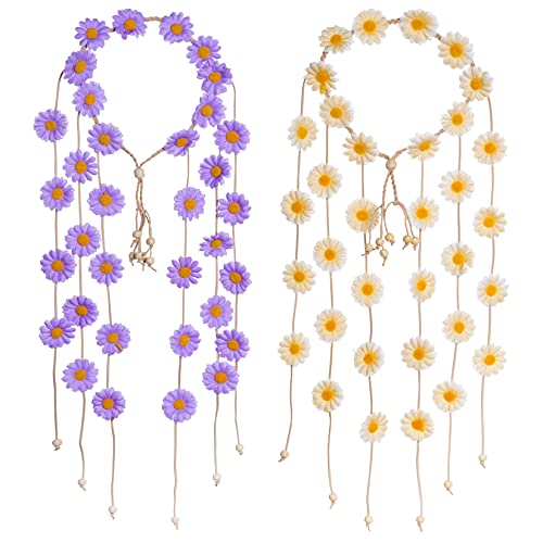 Sucrain 2pcs Flower Hippie Headband Floral Crown Summer Sunflower Hair Accessories for 70 s Bohemian Costumes Style for Women (Beige+Purple) - color: Beige+Purple