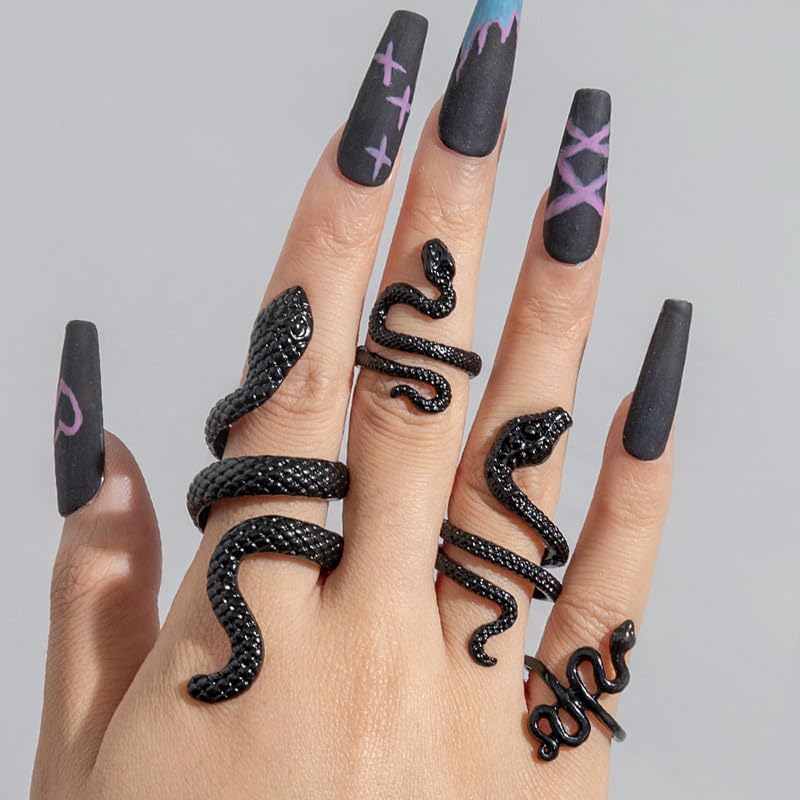 Snake Rings for Women Snake Ring Set Black Snakes Jewelry for Women Goth Gothic Rings Vintage Punk Knuckle Finger Thumb Ring Halloween Accessories - style: Style 2 - 1