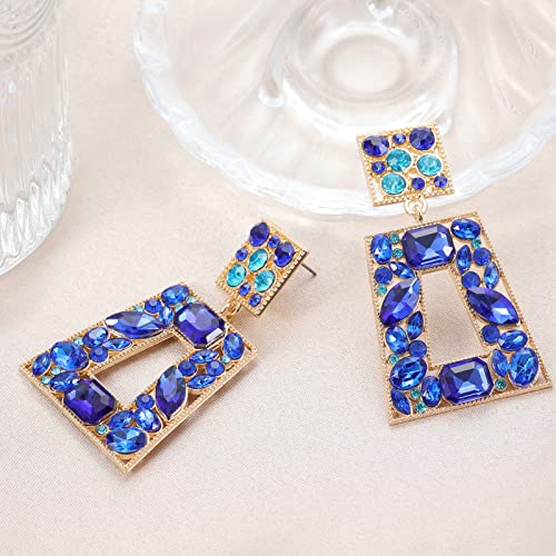 Rhinestone Rectangle Statement Earrings Colorful Crystal Geometric Drop Dangle Earrings for Women Prom Party - color: royal blue